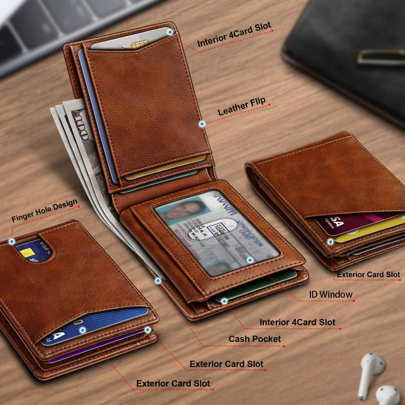 Slim Leather Wallet Front Pocket Card Holder Gift For Men 11 Slots RFID Blocking