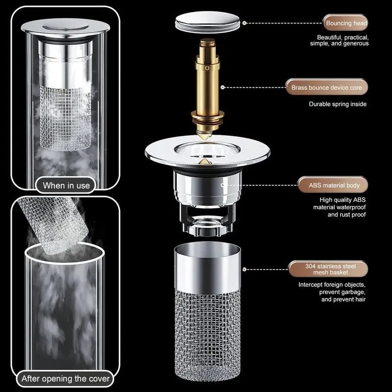 🔥LAST DAY 49% OFF - Bathroom Sink Stopper Hair Catcher, Universal Pop Up Sink Drain Filter with Stainless Steel Filter Basket, Bathroom Sink Drain Strainer