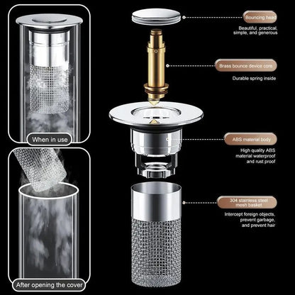 🔥LAST DAY 49% OFF - Bathroom Sink Stopper Hair Catcher, Universal Pop Up Sink Drain Filter with Stainless Steel Filter Basket, Bathroom Sink Drain Strainer