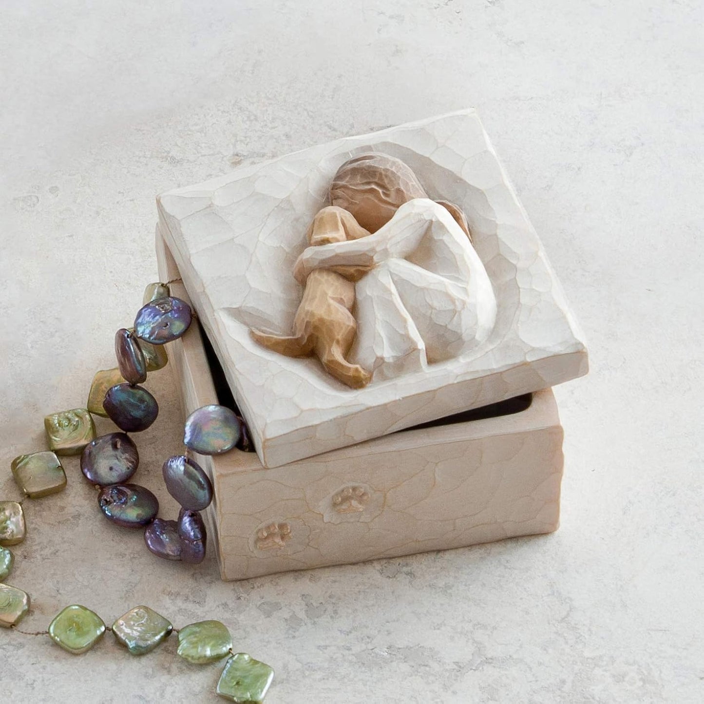 Box for Jewelry and Treasures with Bas-Relief Carving of Girl with Puppy Dog