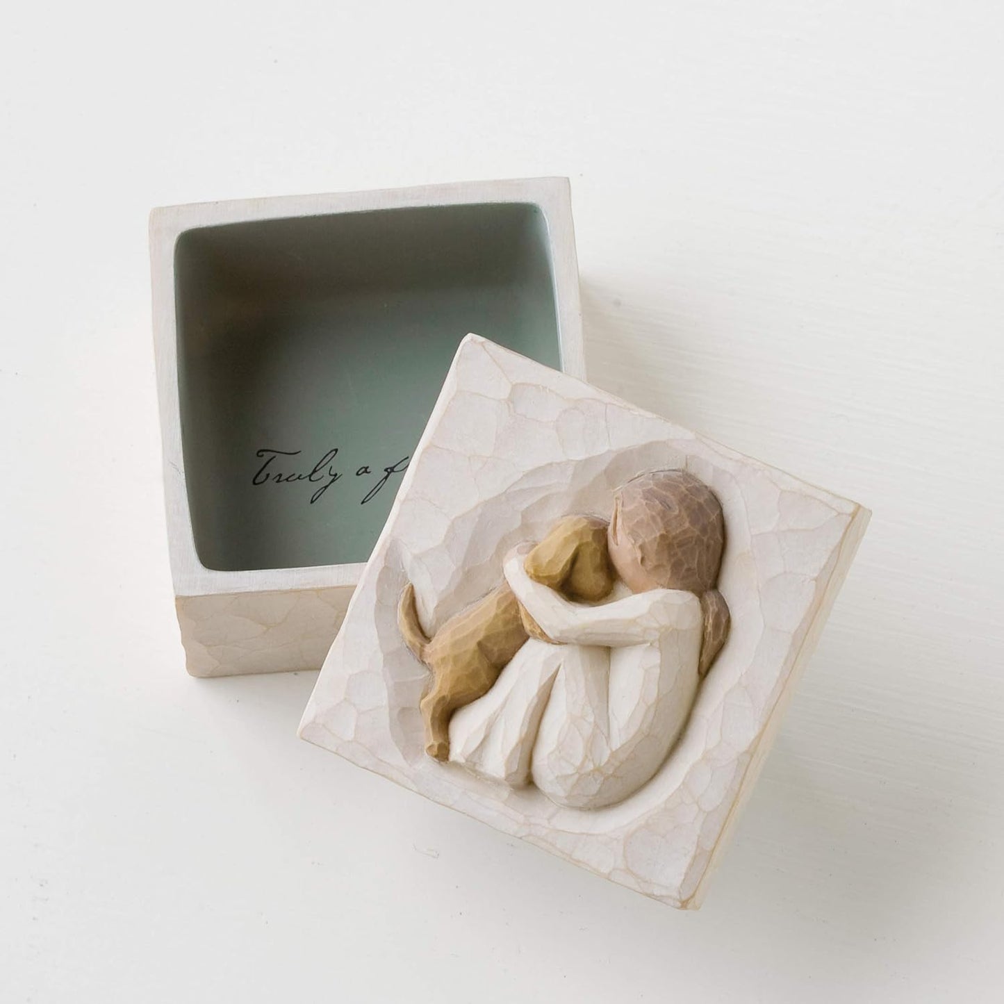 Box for Jewelry and Treasures with Bas-Relief Carving of Girl with Puppy Dog
